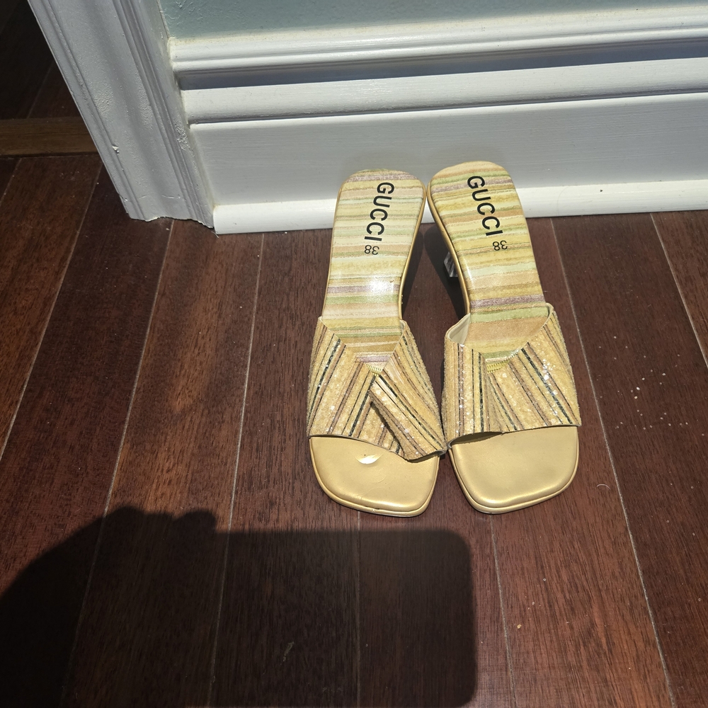 Gold Multi-color Striped Heeled Sparkly Sandals